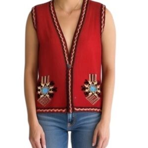 Vintage 70’s Hand Made Folk Art Floral Embroidered Knit Sweater Vest Size L